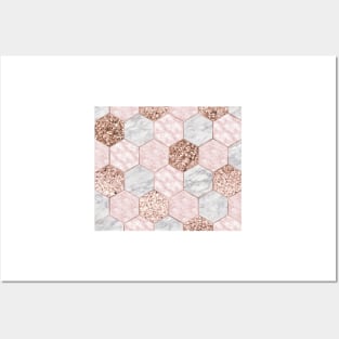 Rose gold dreaming - marble hexagons Posters and Art